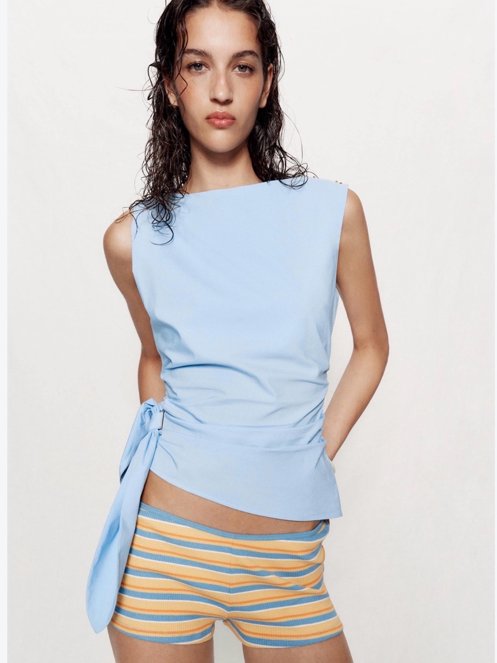 Zara Light Blue Sleeveless Side-Tie Crop Top